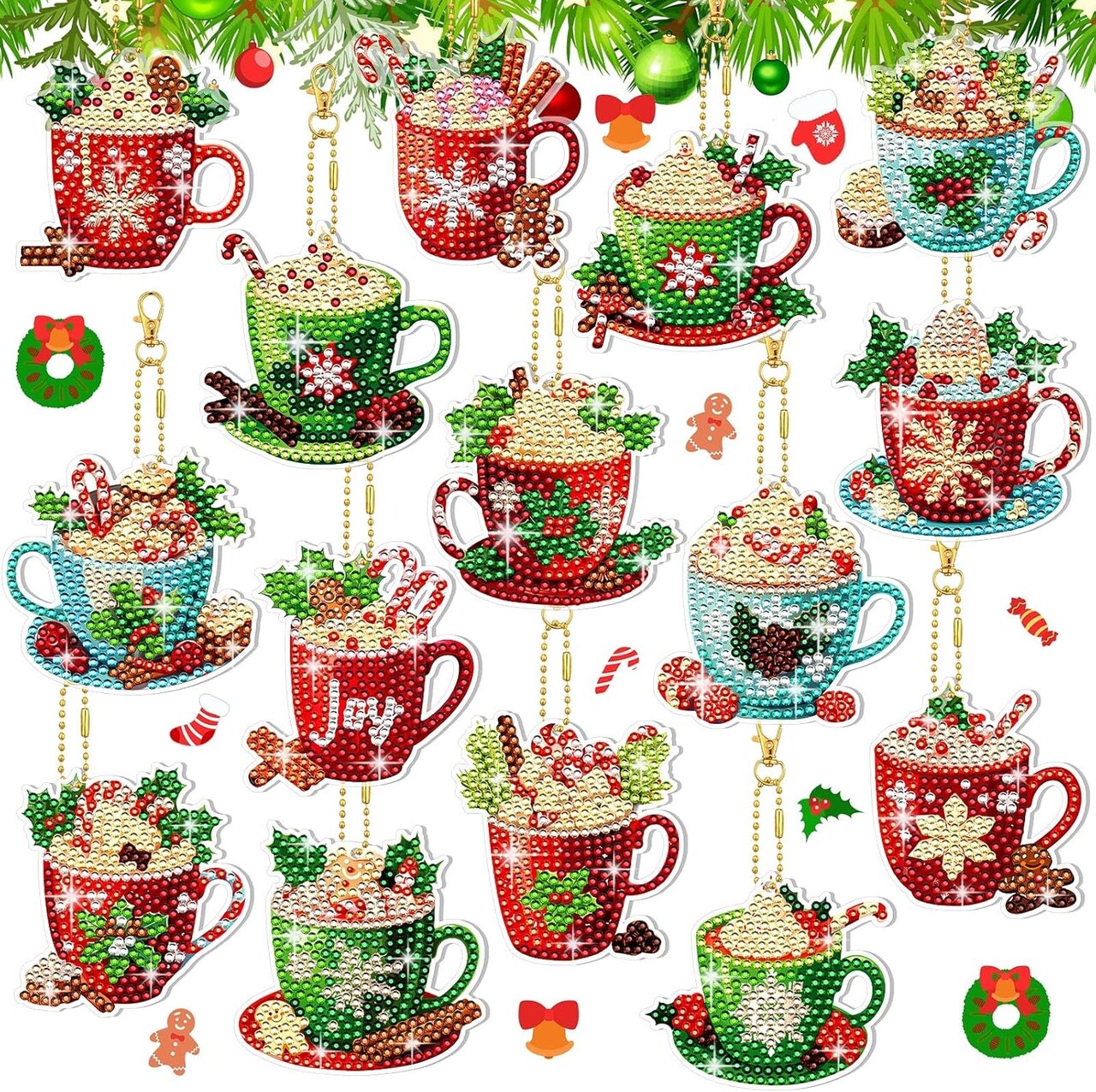 15 Pieces Christmas Diamond Painting Keychain Kit - DIY Hot Cocoa